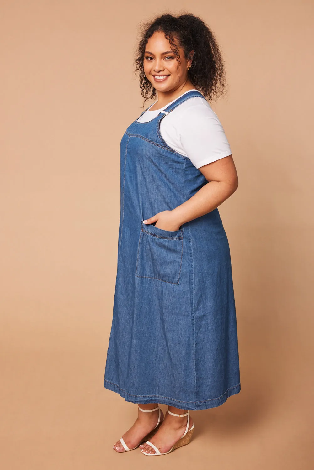 Mid Wash Chambray Francesca Pinafore Dress - Blue