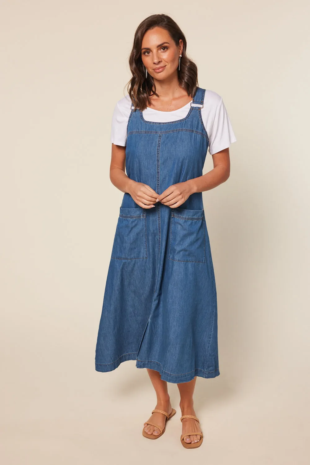 Mid Wash Chambray Francesca Pinafore Dress - Blue