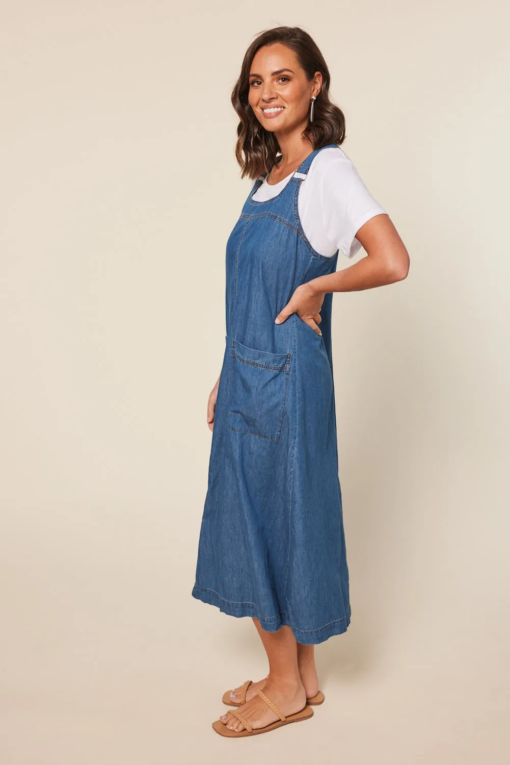 Mid Wash Chambray Francesca Pinafore Dress - Blue