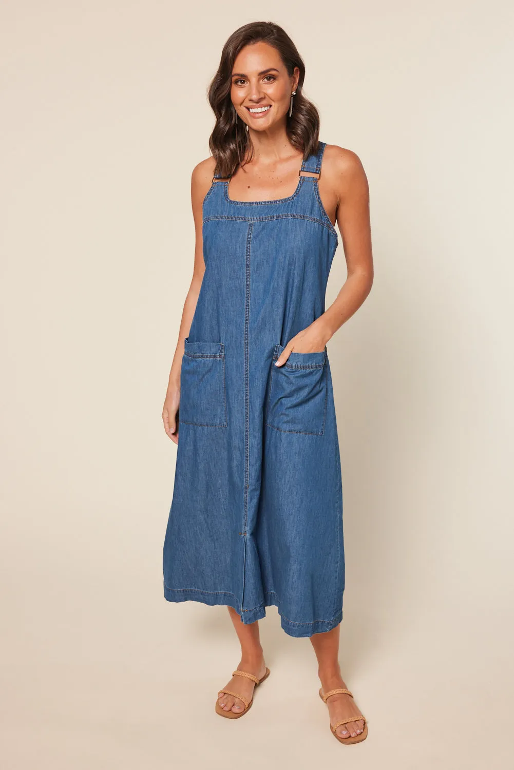 Mid Wash Chambray Francesca Pinafore Dress - Blue