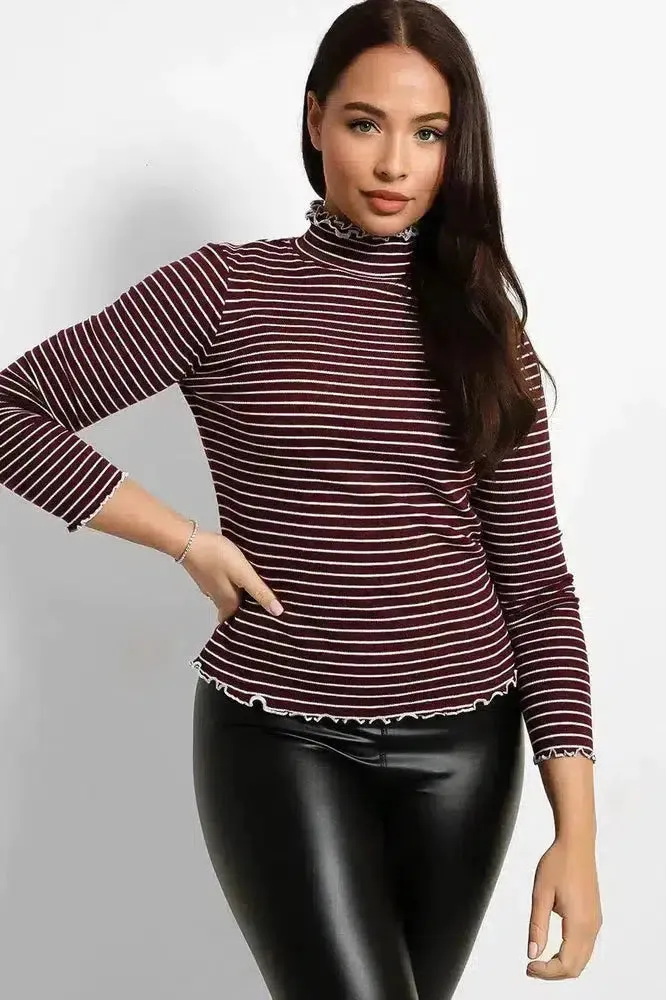 Frilled Edges Stripy Pollo Neck Top