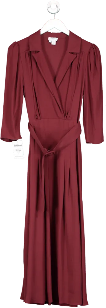 ghost Red Crepe V-neck Belted Midi Tea Dress UK XS