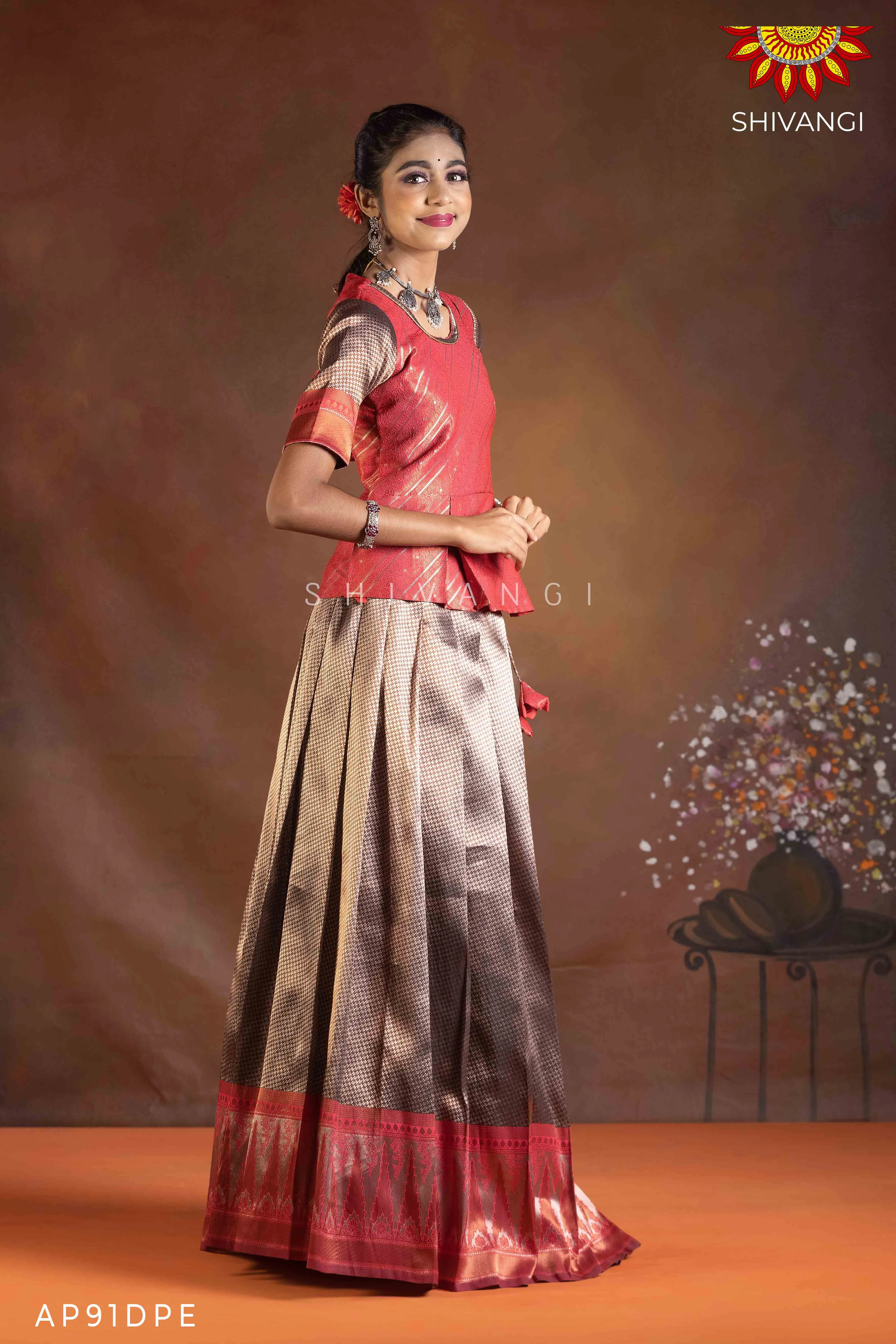 Girls Dark Peach Silver Fire Pattu Pavadai | Langa