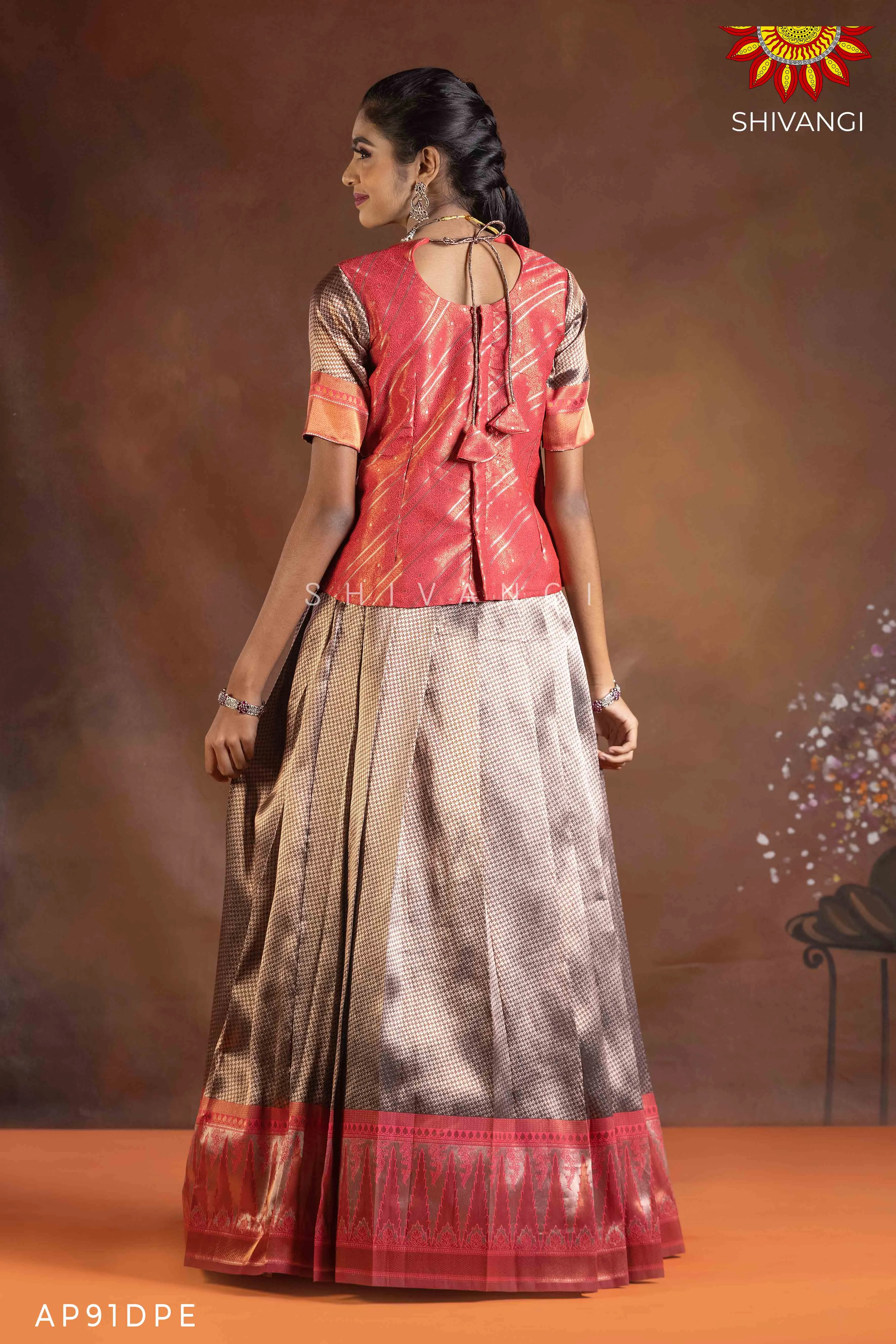 Girls Dark Peach Silver Fire Pattu Pavadai | Langa