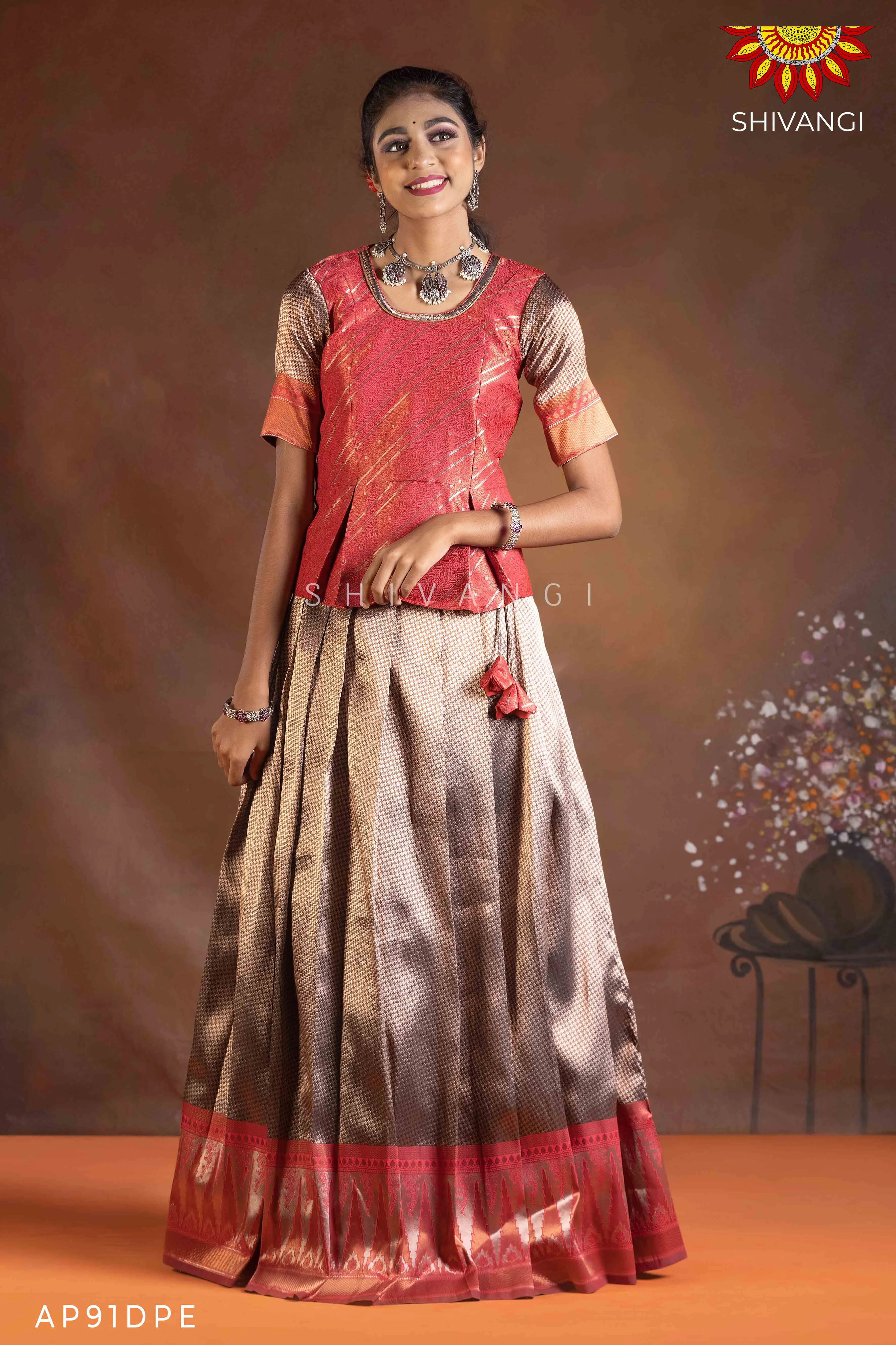 Girls Dark Peach Silver Fire Pattu Pavadai | Langa