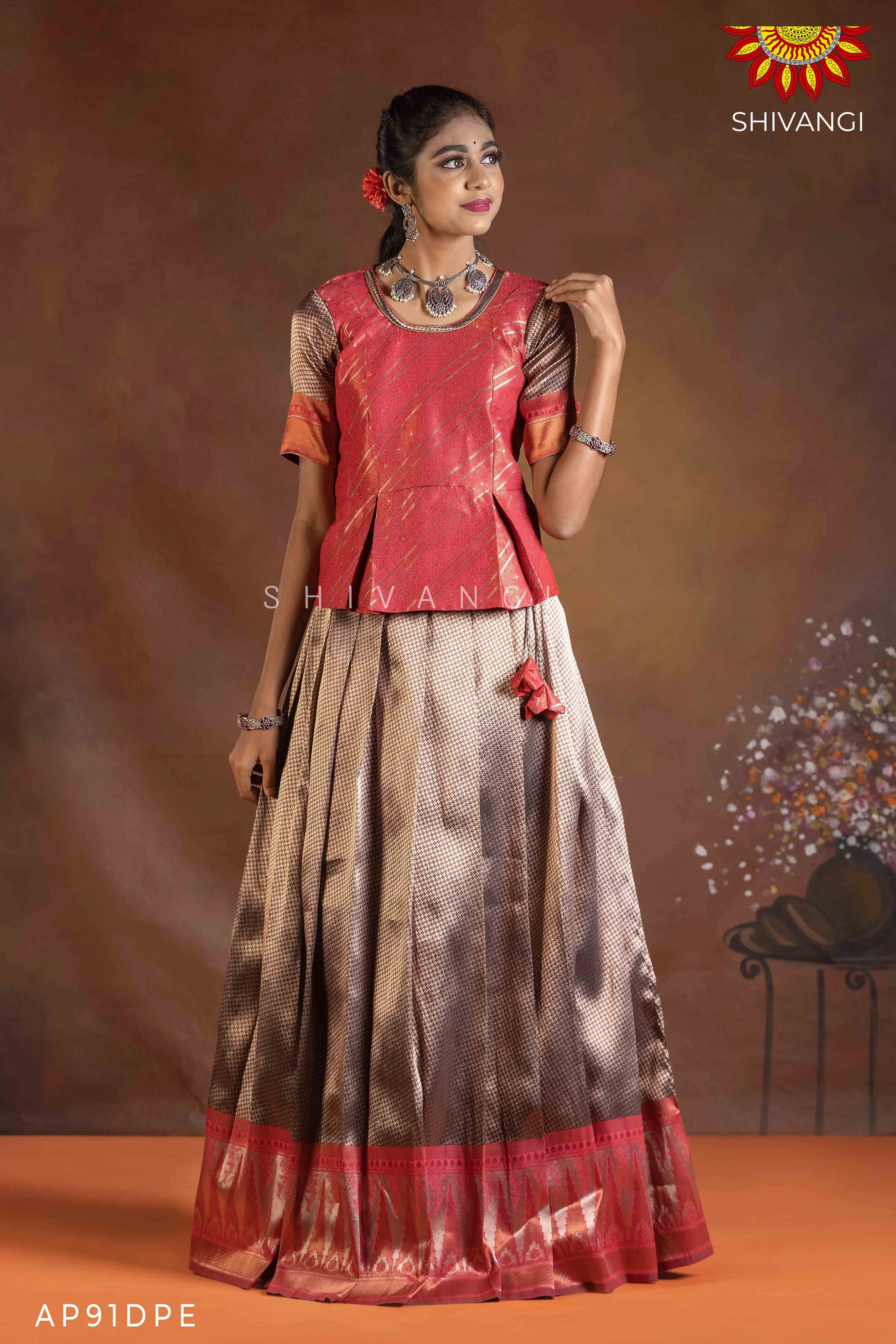 Girls Dark Peach Silver Fire Pattu Pavadai | Langa