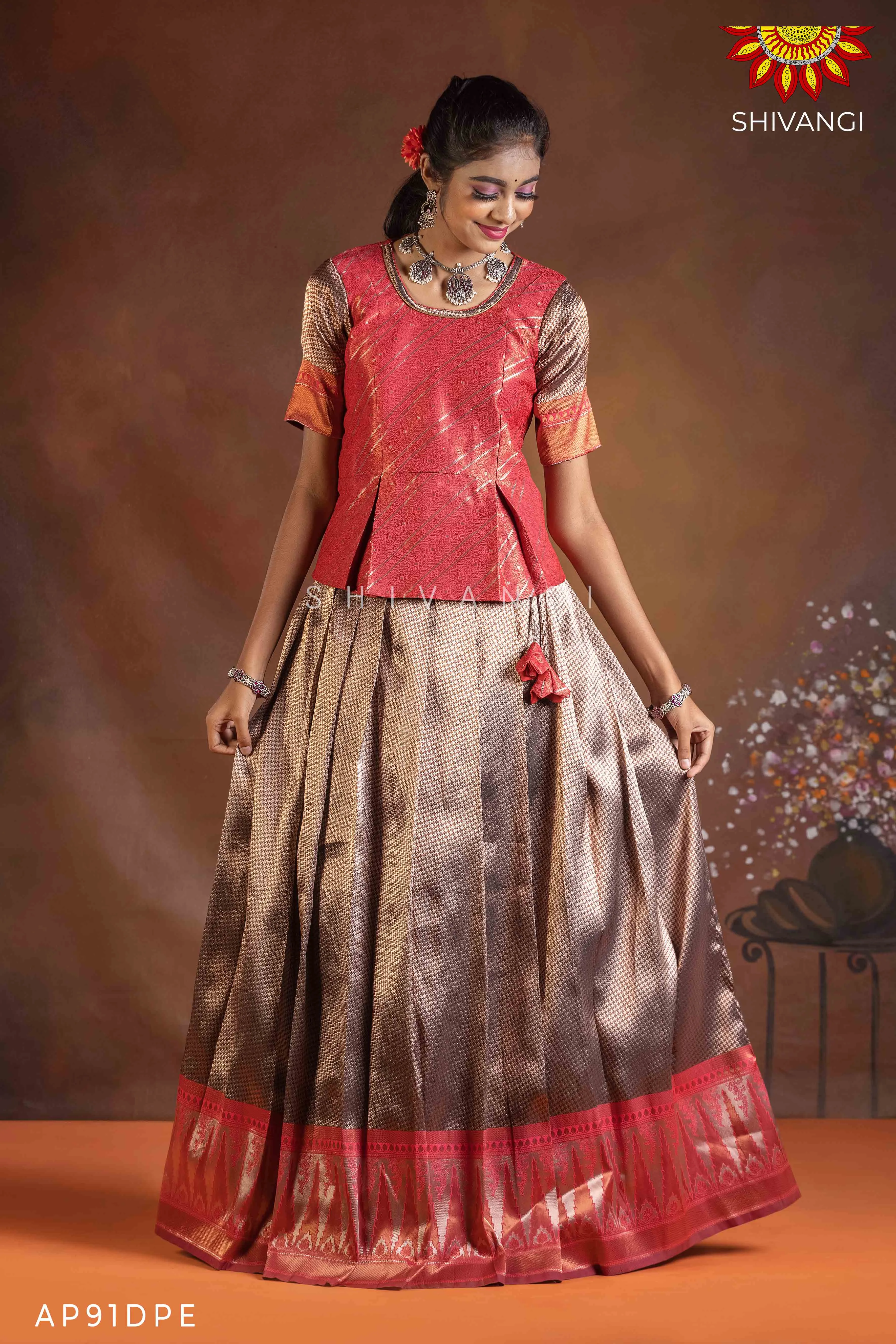 Girls Dark Peach Silver Fire Pattu Pavadai | Langa