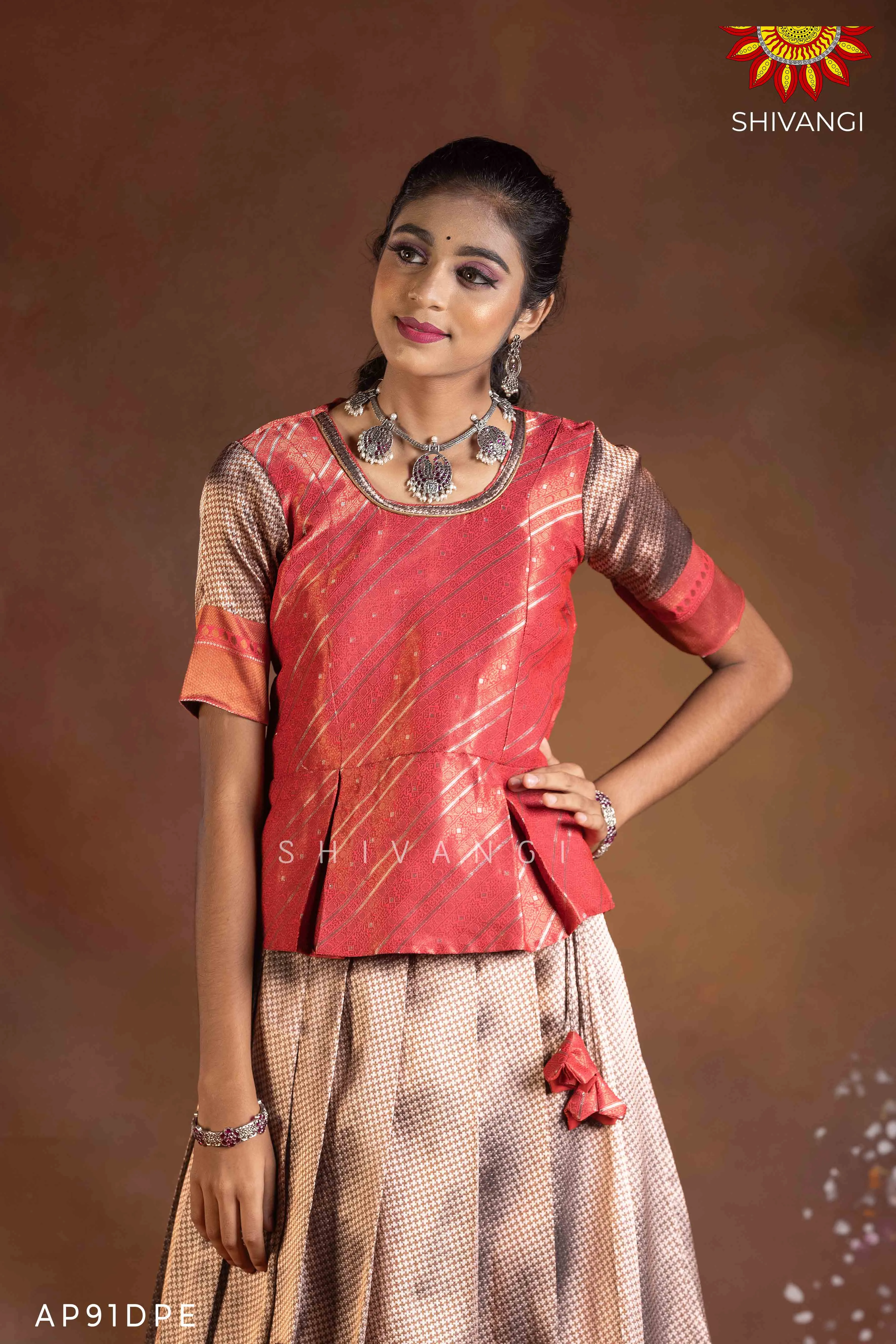 Girls Dark Peach Silver Fire Pattu Pavadai | Langa