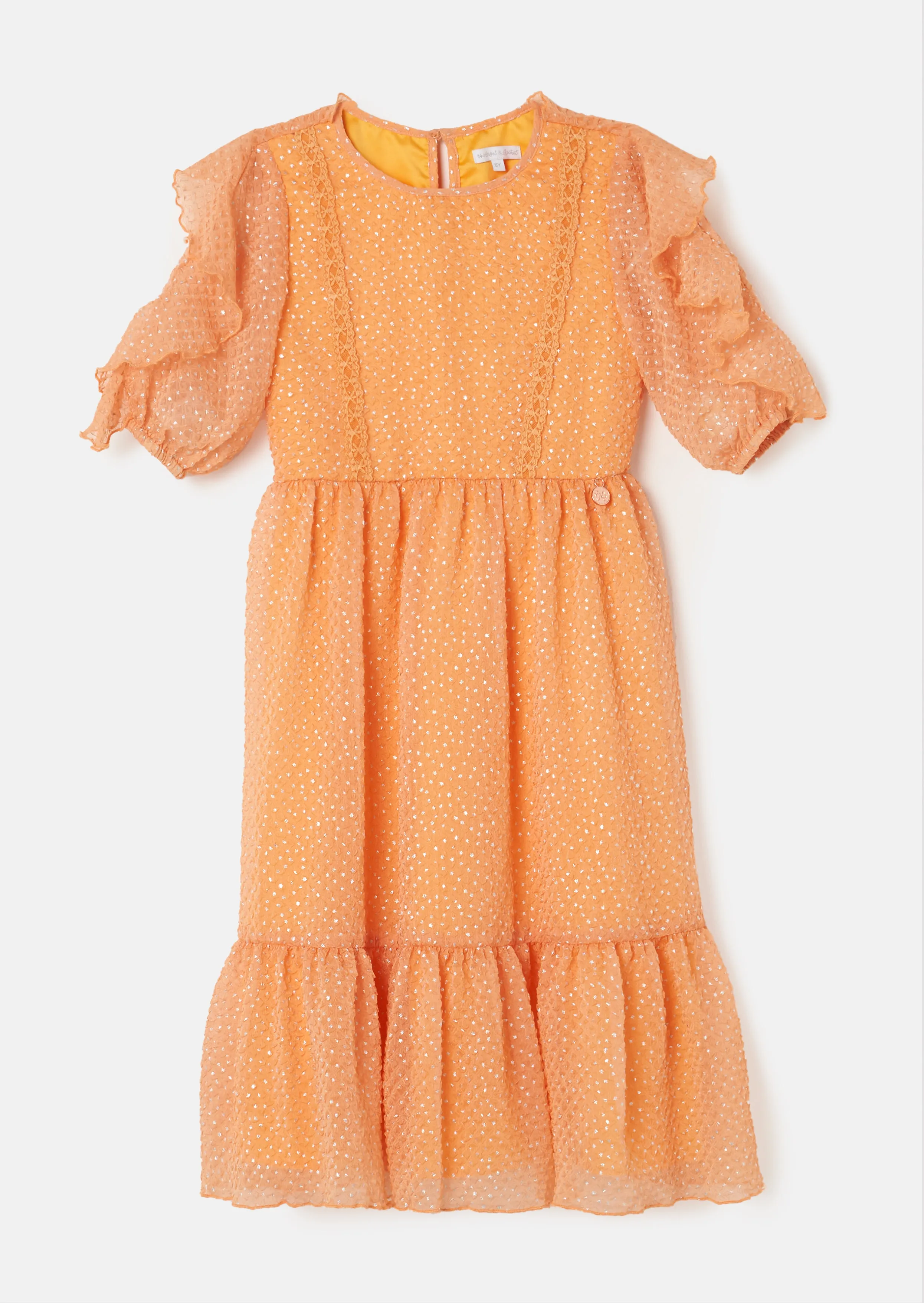 Girls Orange Self Textured Premium Dress