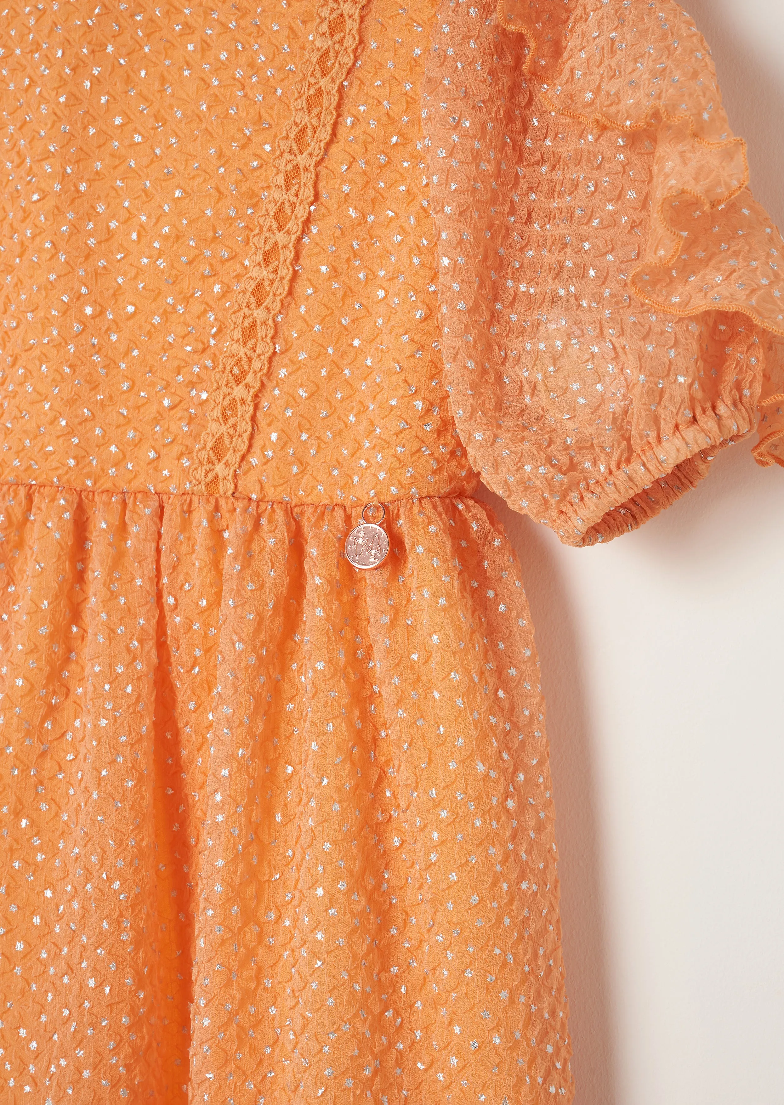 Girls Orange Self Textured Premium Dress