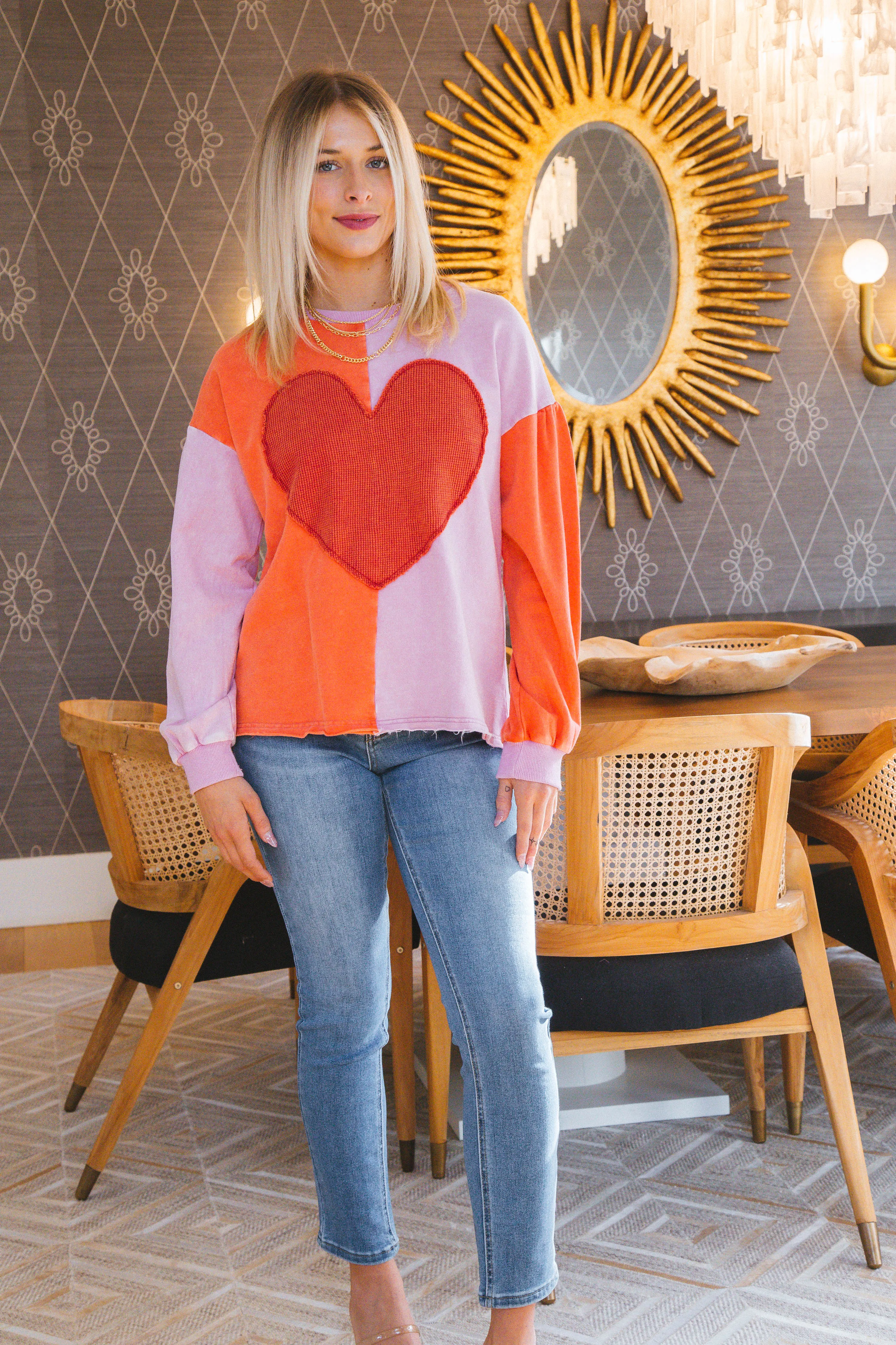 Heart Patch Color Block Pullover, Washed Red/Pink