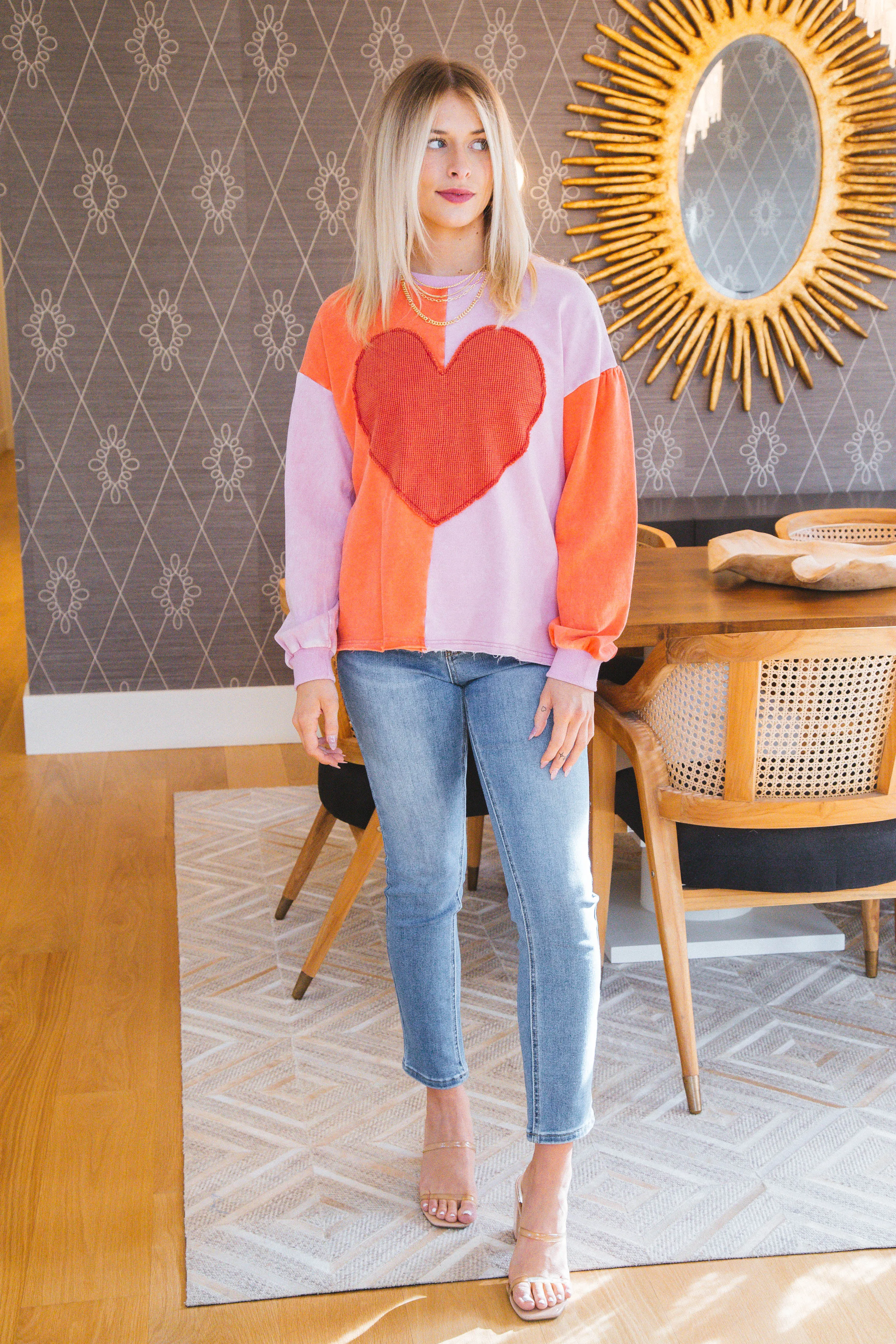 Heart Patch Color Block Pullover, Washed Red/Pink