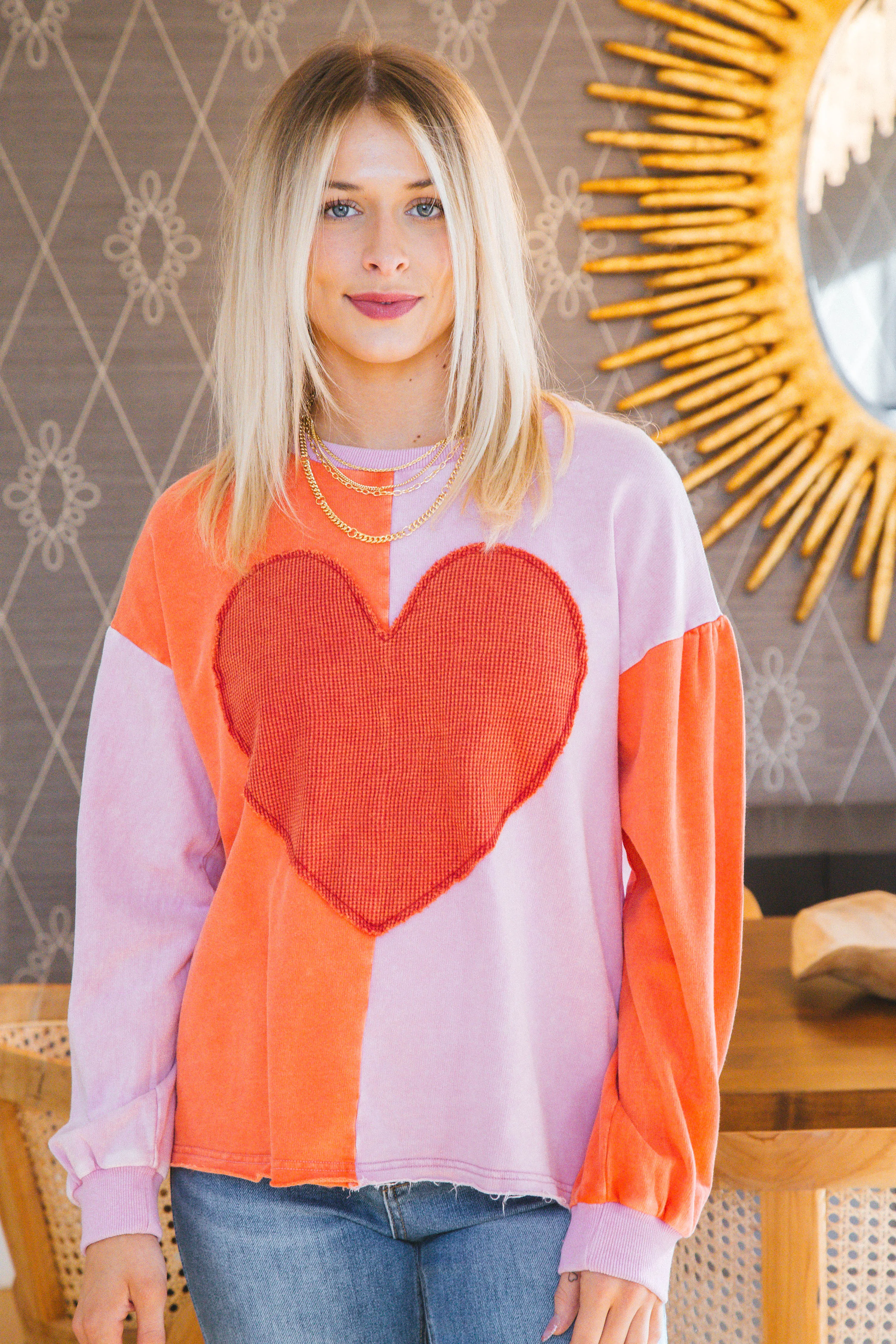 Heart Patch Color Block Pullover, Washed Red/Pink