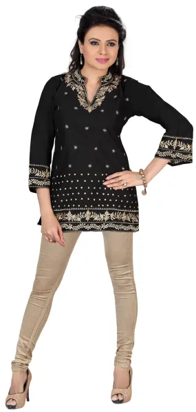 India Embroidered Cotton Tunic Top Kurti Womens India Clothing (Black)