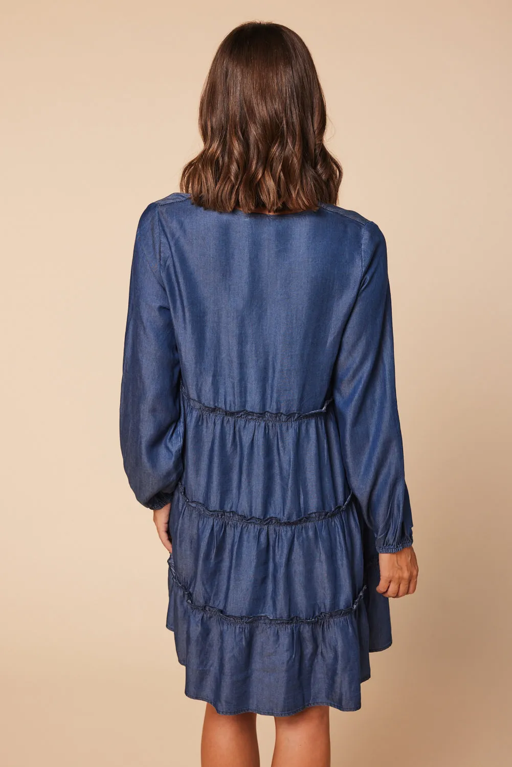 Ingrid Tiered Tencel Dress in Mid Wash