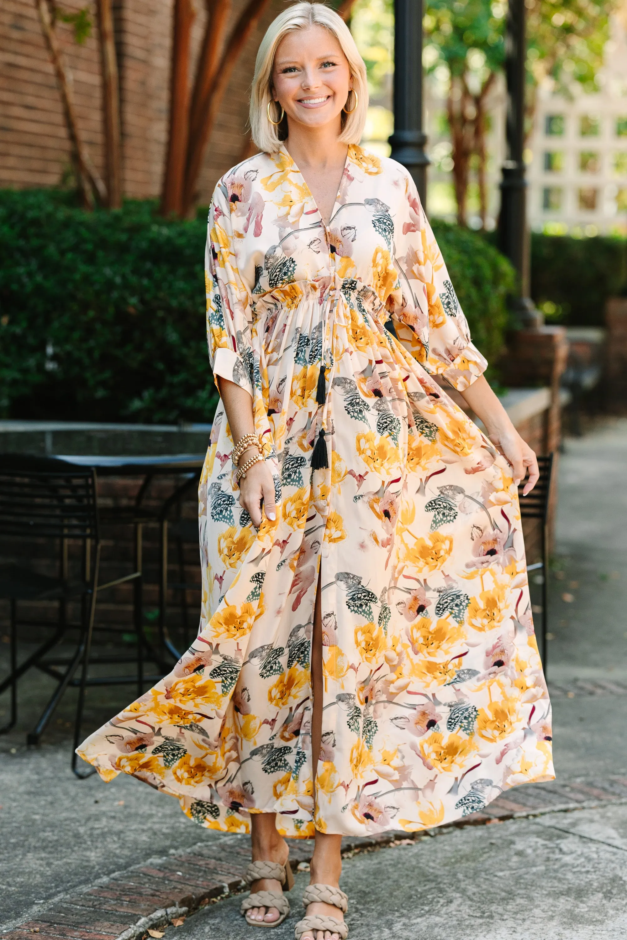 It's A Match Beige Floral Maxi Dress