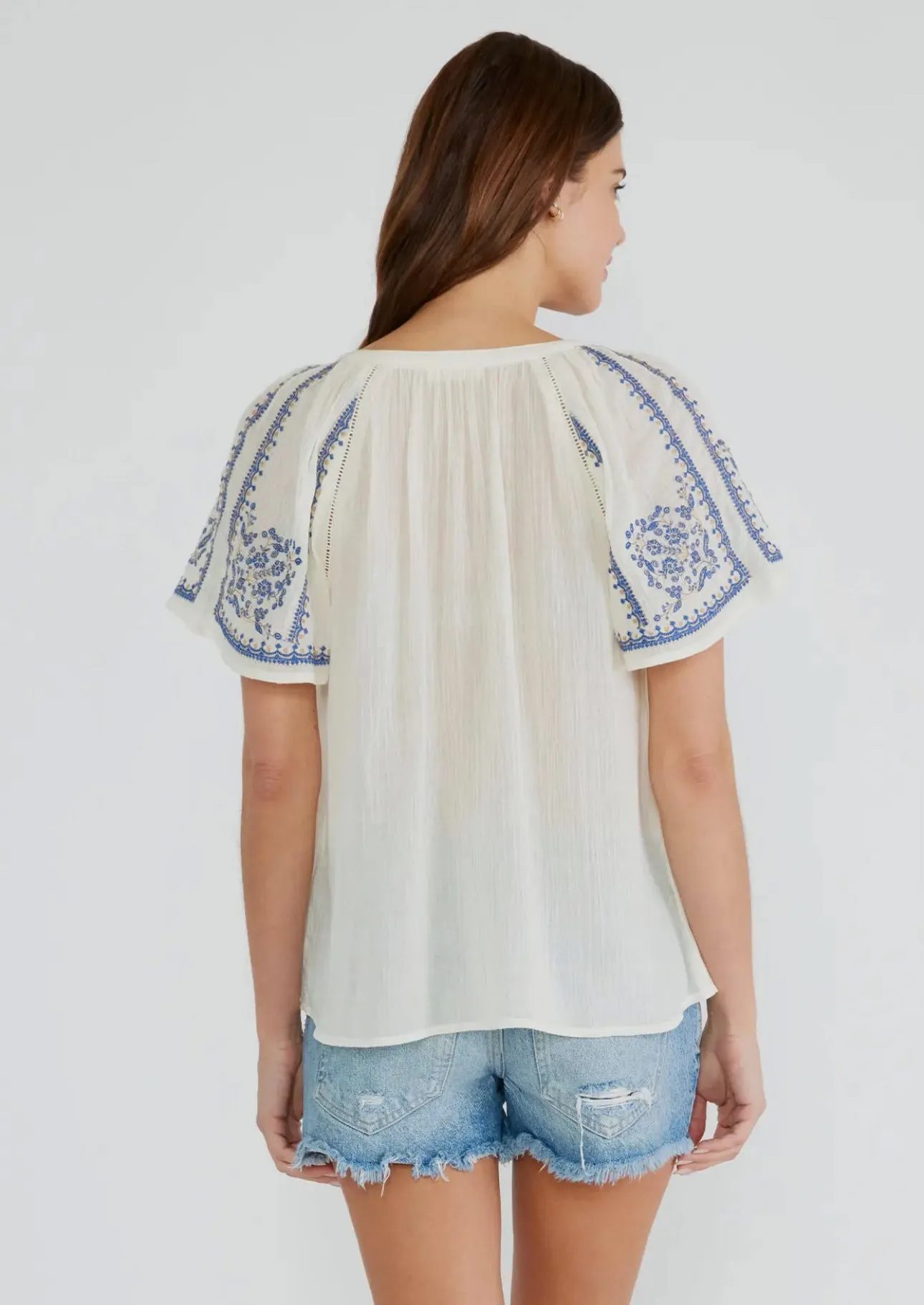 Janienne Embroidered Raglan Short Sleeve Split Neck Lovestitch Top