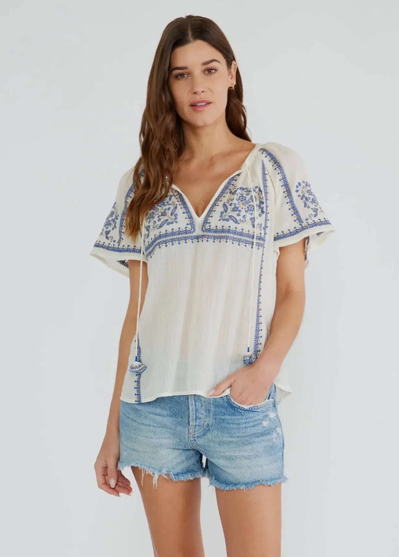 Janienne Embroidered Raglan Short Sleeve Split Neck Lovestitch Top