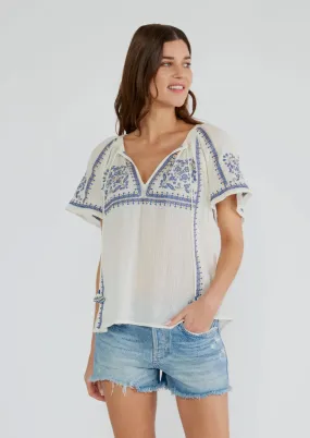 Janienne Embroidered Raglan Short Sleeve Split Neck Lovestitch Top