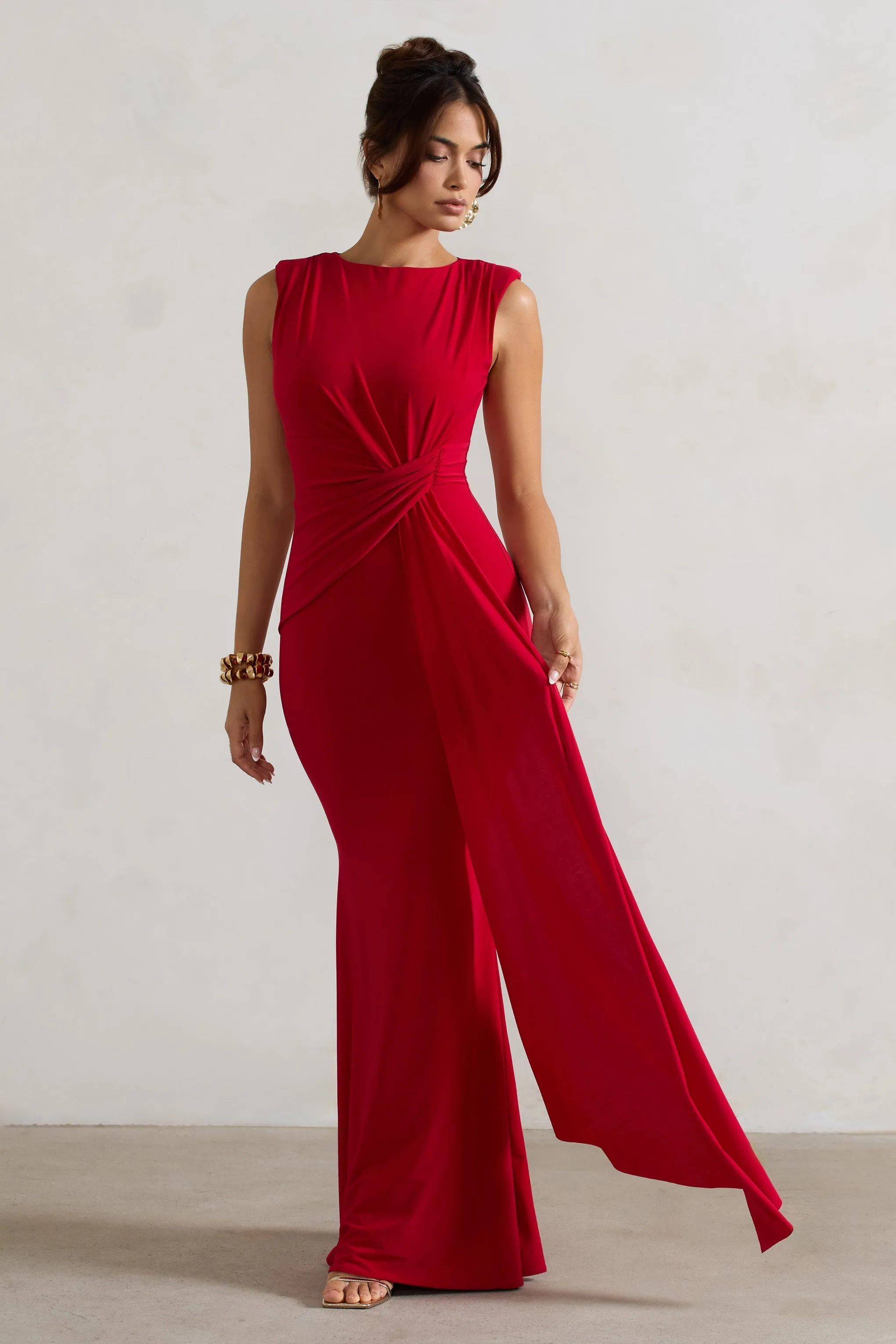 Kadie | Red Sleeveless Gathered Maxi Dress With Drape