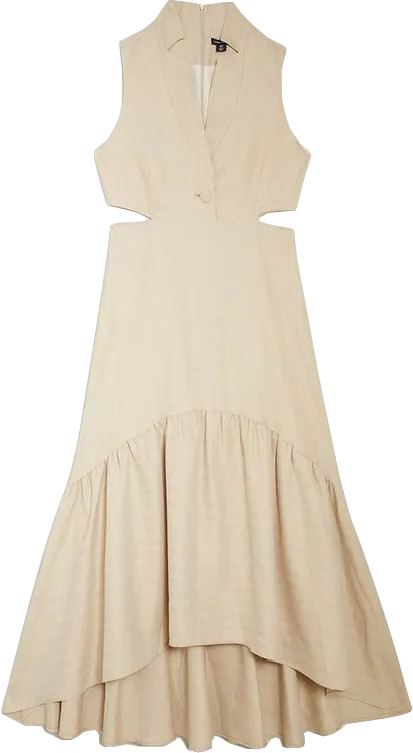 Karen Millen Beige Herringbone Linen Cut Away Midi Dress UK 8