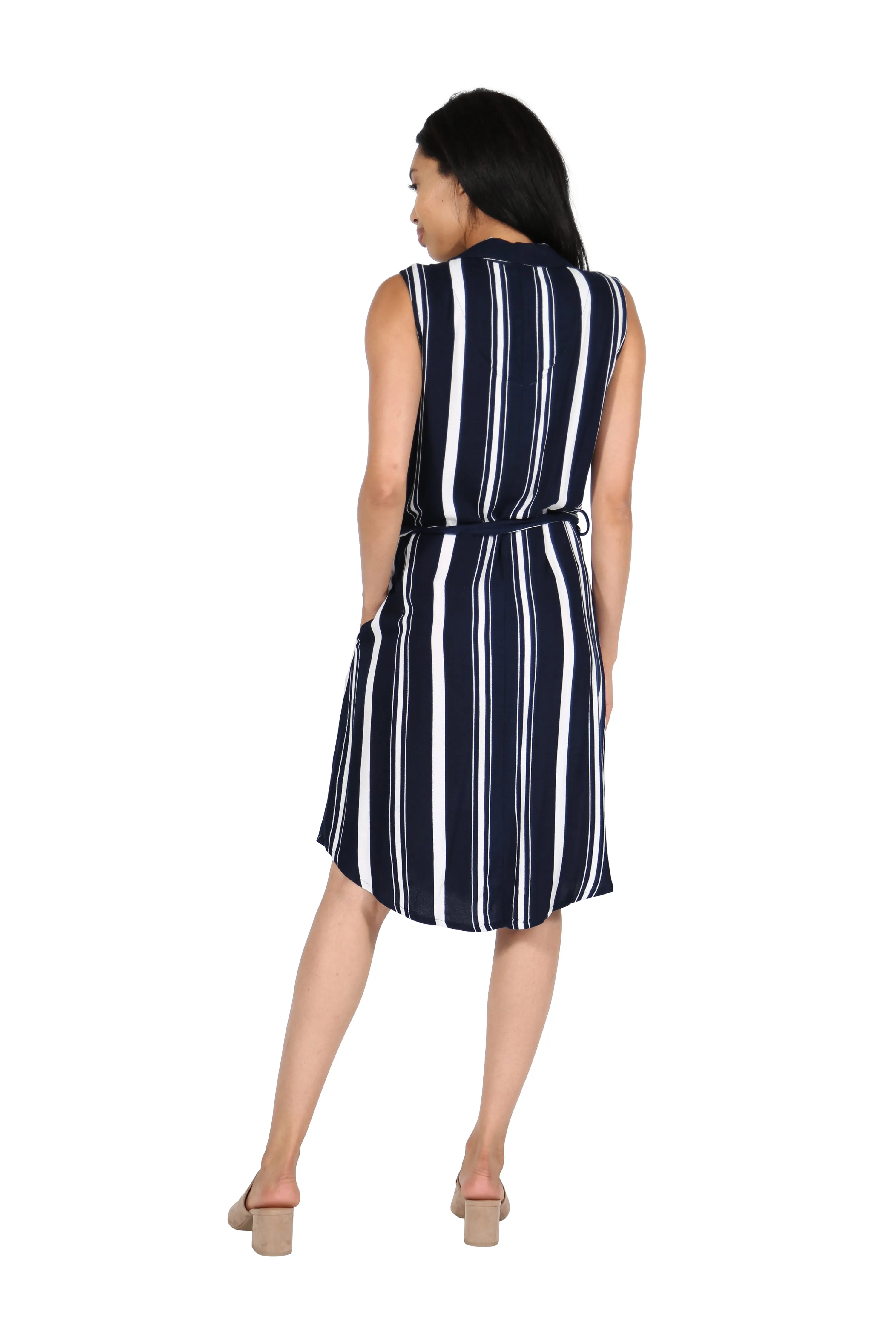 La Cera Navy Stripe Belted Rayon Dress