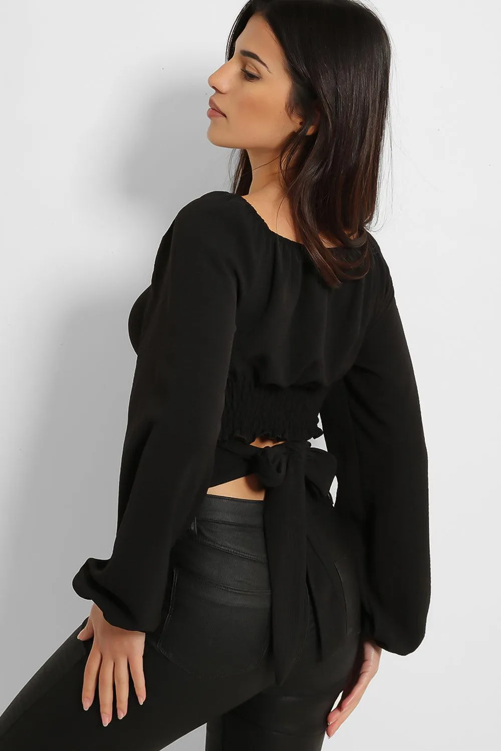 Lantern Sleeve Peek-a-Boo Tie Crop Top