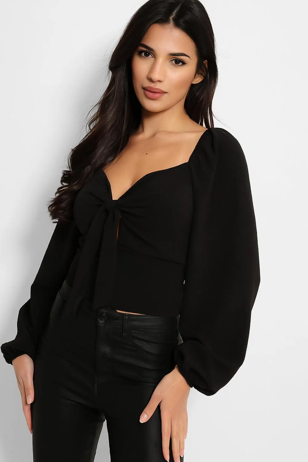 Lantern Sleeve Peek-a-Boo Tie Crop Top