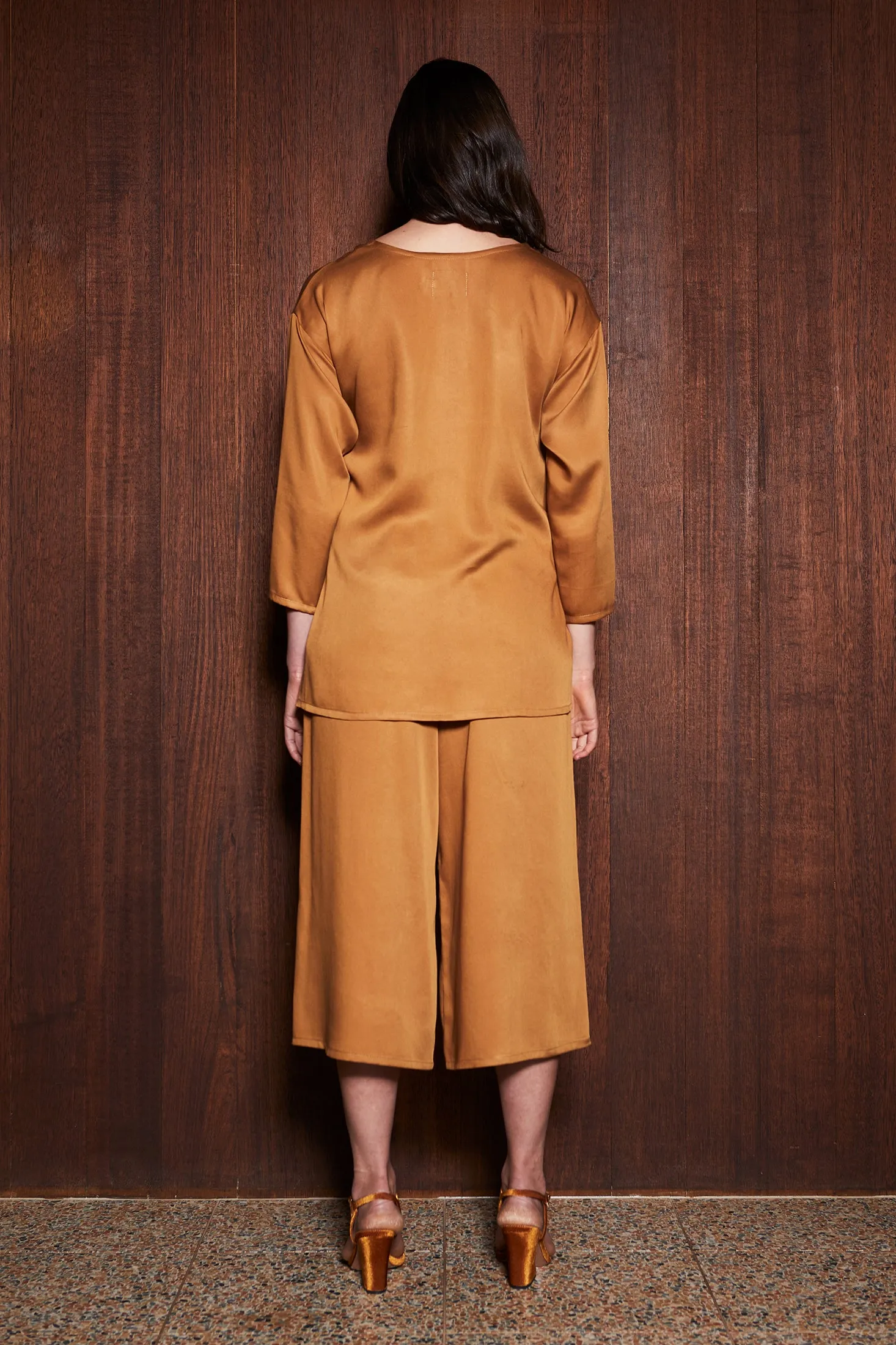 LEAF LITTER TOP [ Mustard Orange Tencel, Long Sleeves, Wrap Waist Ties ]