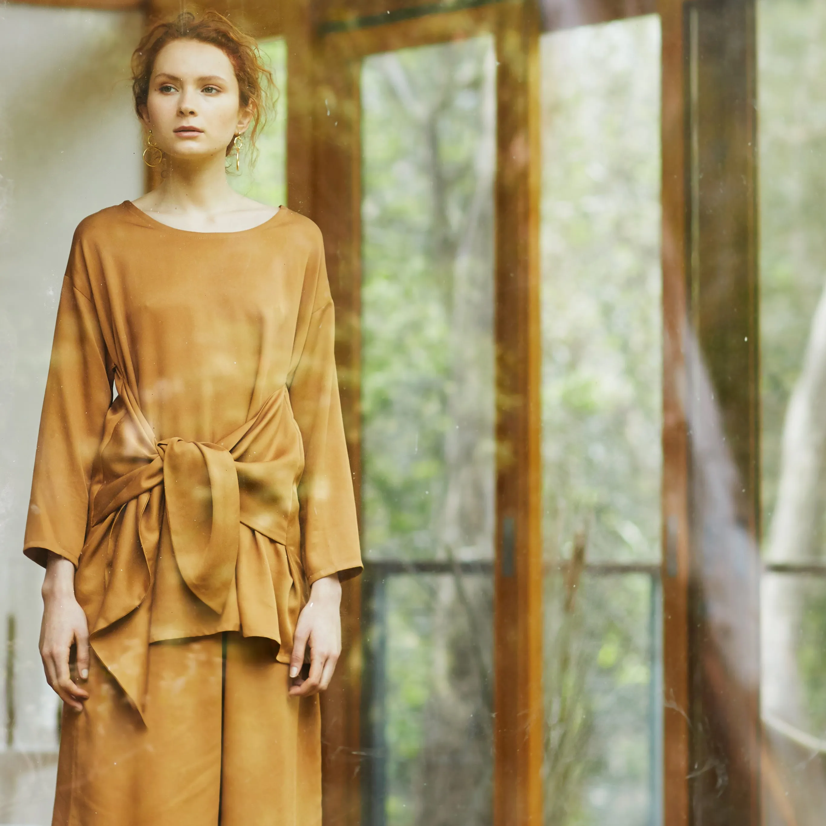 LEAF LITTER TOP [ Mustard Orange Tencel, Long Sleeves, Wrap Waist Ties ]