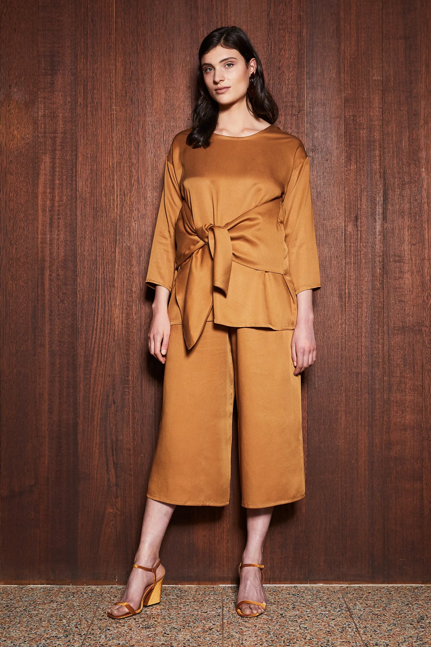 LEAF LITTER TOP [ Mustard Orange Tencel, Long Sleeves, Wrap Waist Ties ]