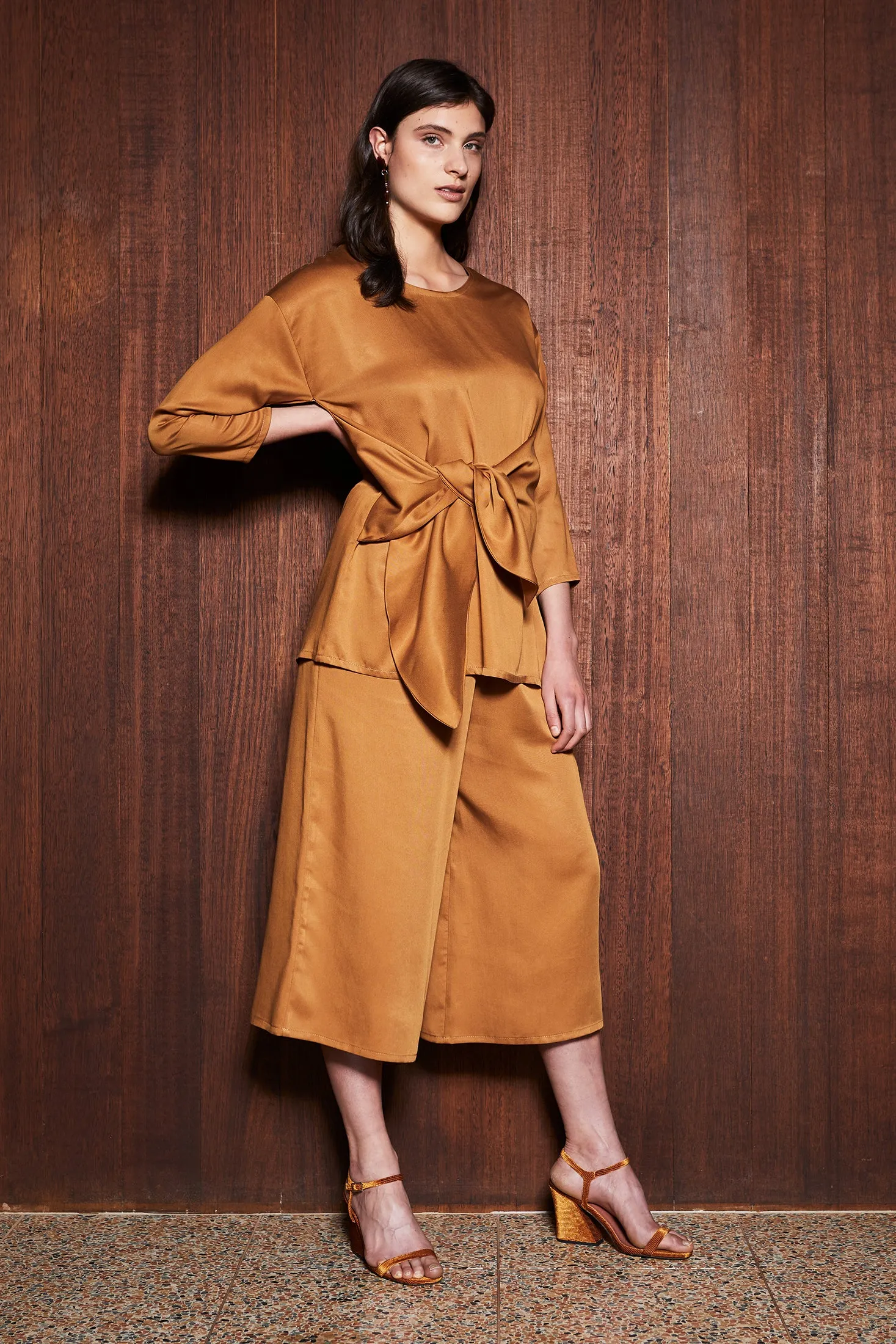 LEAF LITTER TOP [ Mustard Orange Tencel, Long Sleeves, Wrap Waist Ties ]