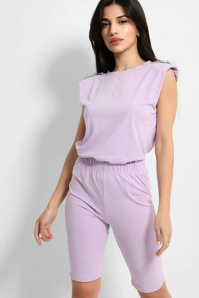 Lilac Buttoned Power Shoulder Top And Cycling Shorts Set