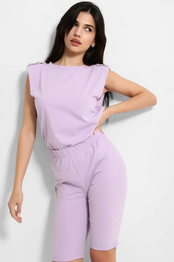 Lilac Buttoned Power Shoulder Top And Cycling Shorts Set