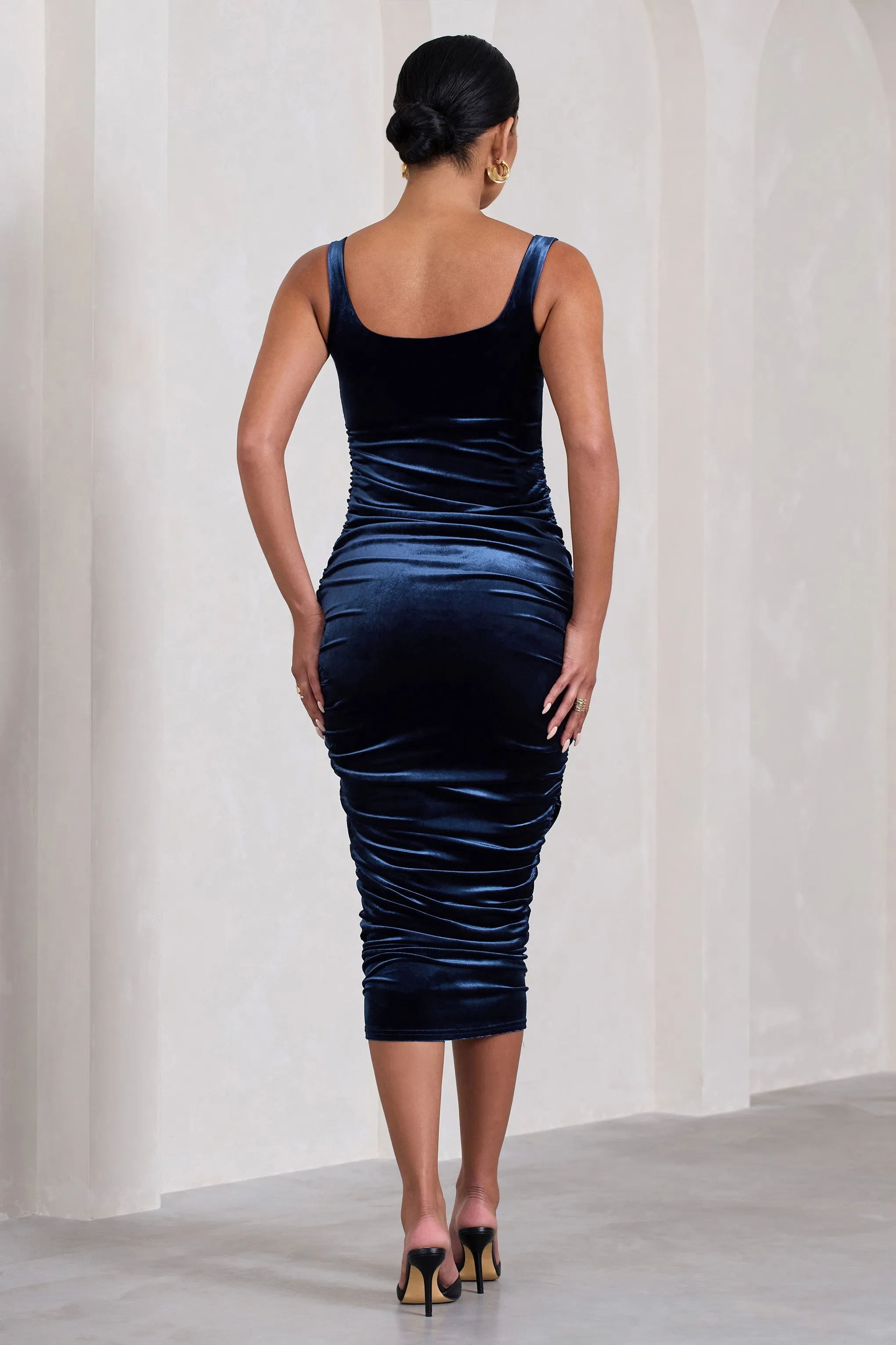 Lisbon | Navy Velvet Maternity Square Neck Ruched Midi Dress