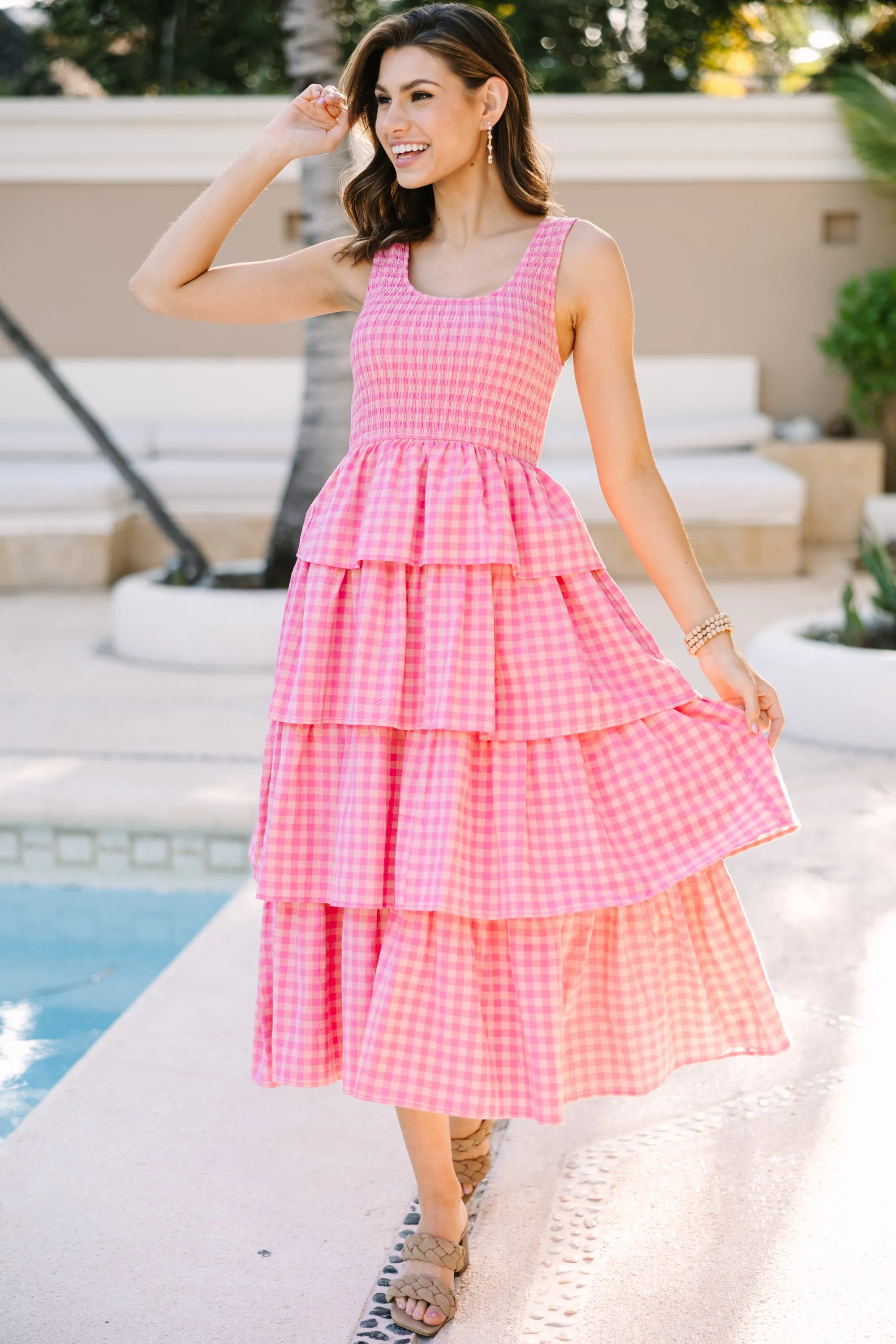 Look Your Way Pink Gingham Midi Dress