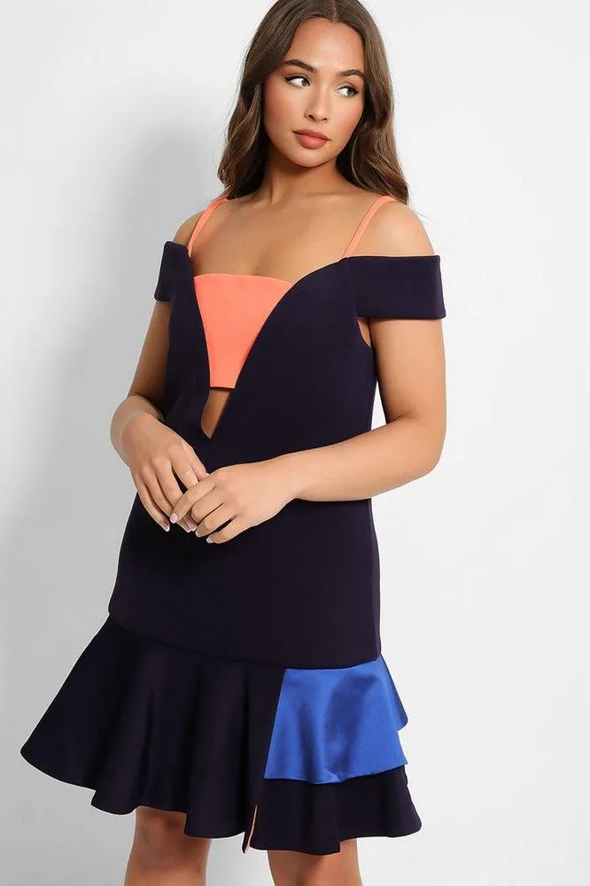 Navy Coral Frill Trims Structured Dress