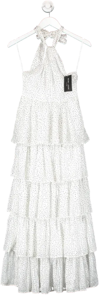 New Look White Ruffle High Neck Dotty Occasion Dress UK 6