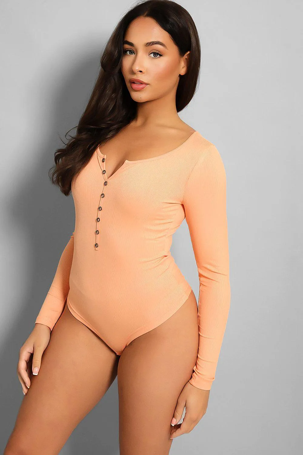 Peach Faux Button Detail Ribbed Bodysuit