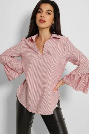 Pink Lurex Pinstripe Flute Sleeve Blouse