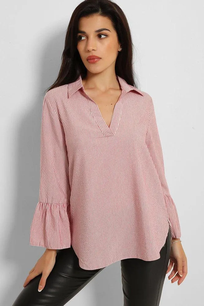 Pink Lurex Pinstripe Flute Sleeve Blouse