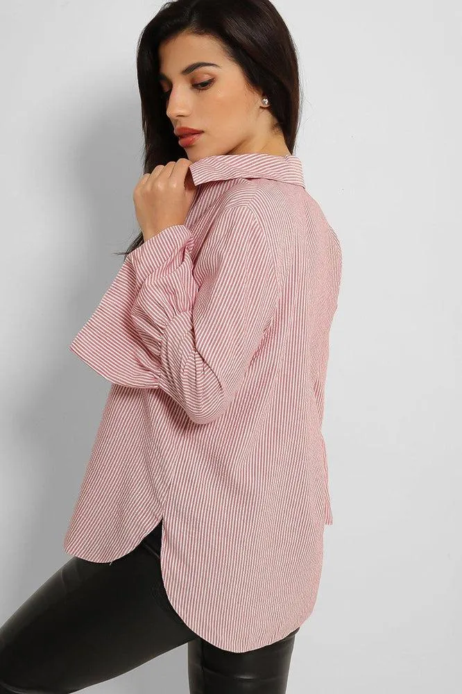 Pink Lurex Pinstripe Flute Sleeve Blouse