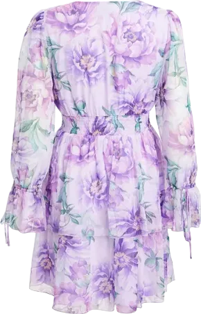 QUIZ  Lilac Chiffon Floral Tiered Long Sleeve Mini Dress UK 16