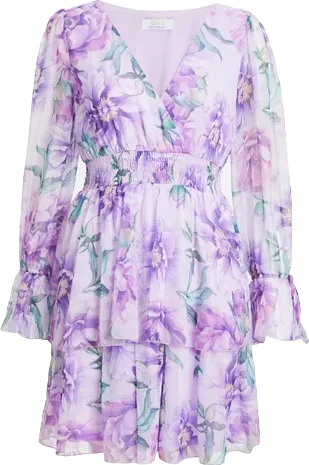 QUIZ  Lilac Chiffon Floral Tiered Long Sleeve Mini Dress UK 16