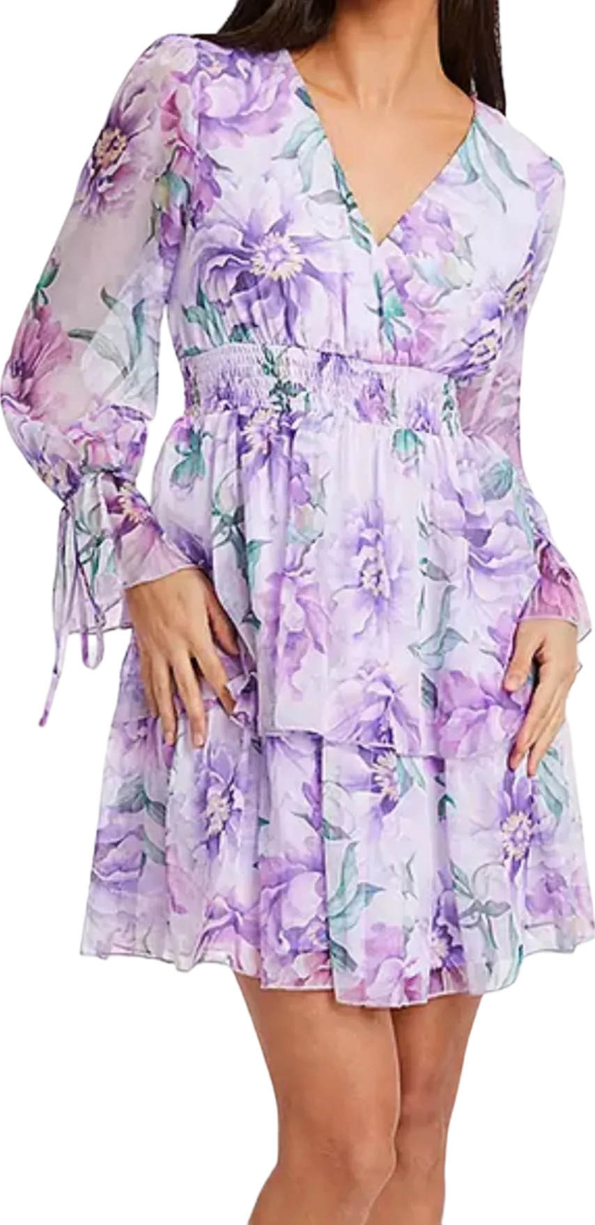 QUIZ  Lilac Chiffon Floral Tiered Long Sleeve Mini Dress UK 16