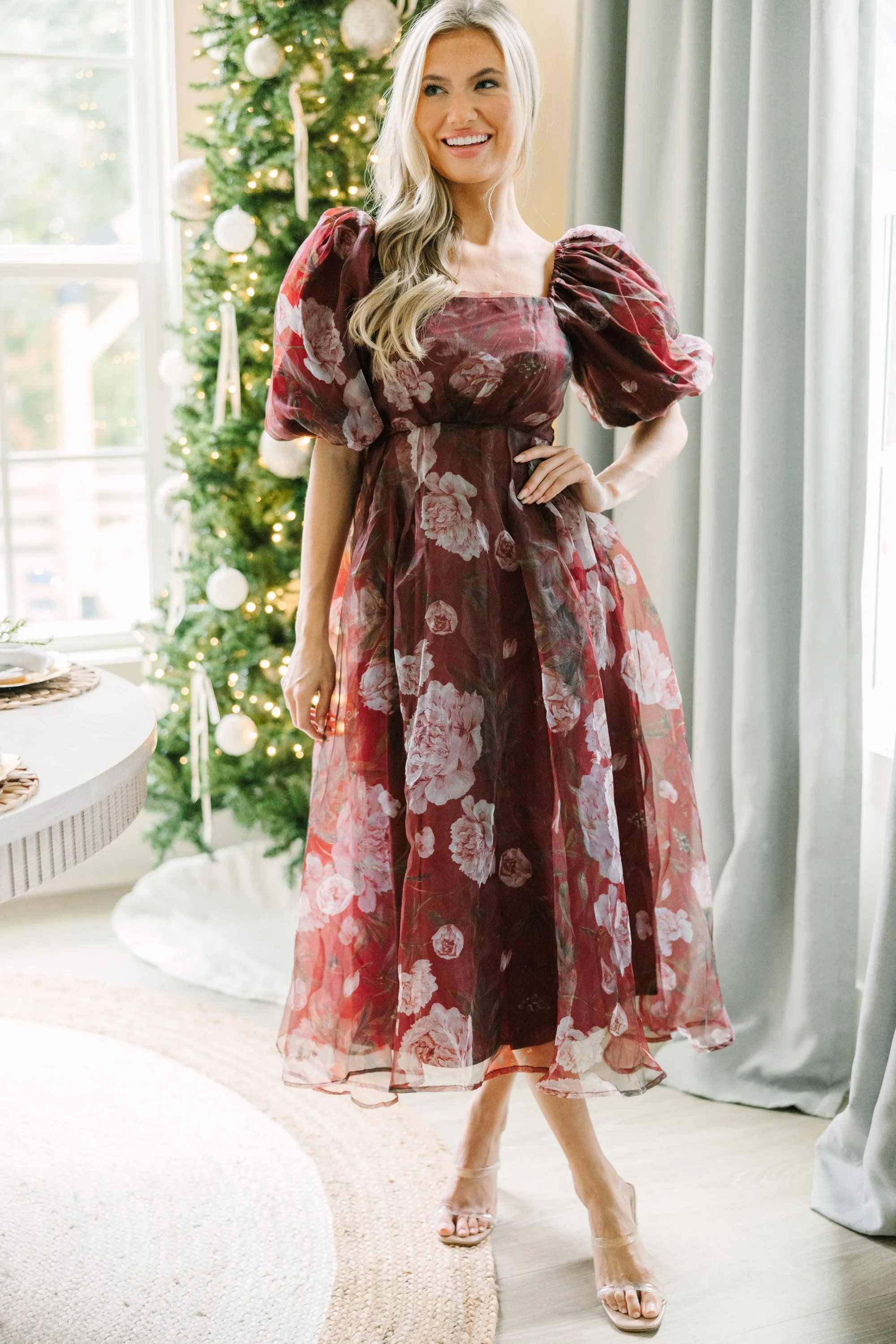 Returned Affections Burgundy Red Floral Midi Dress