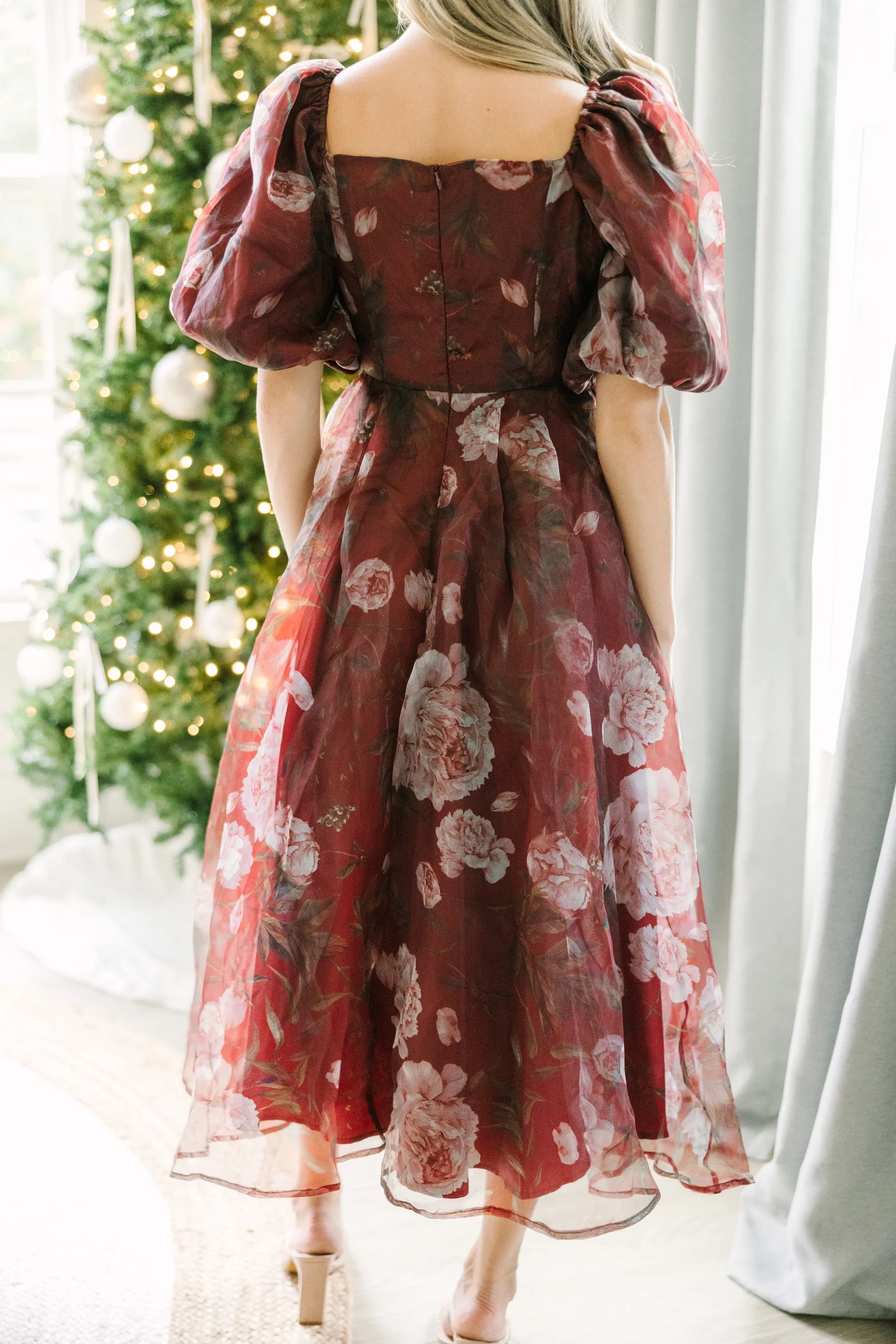 Returned Affections Burgundy Red Floral Midi Dress