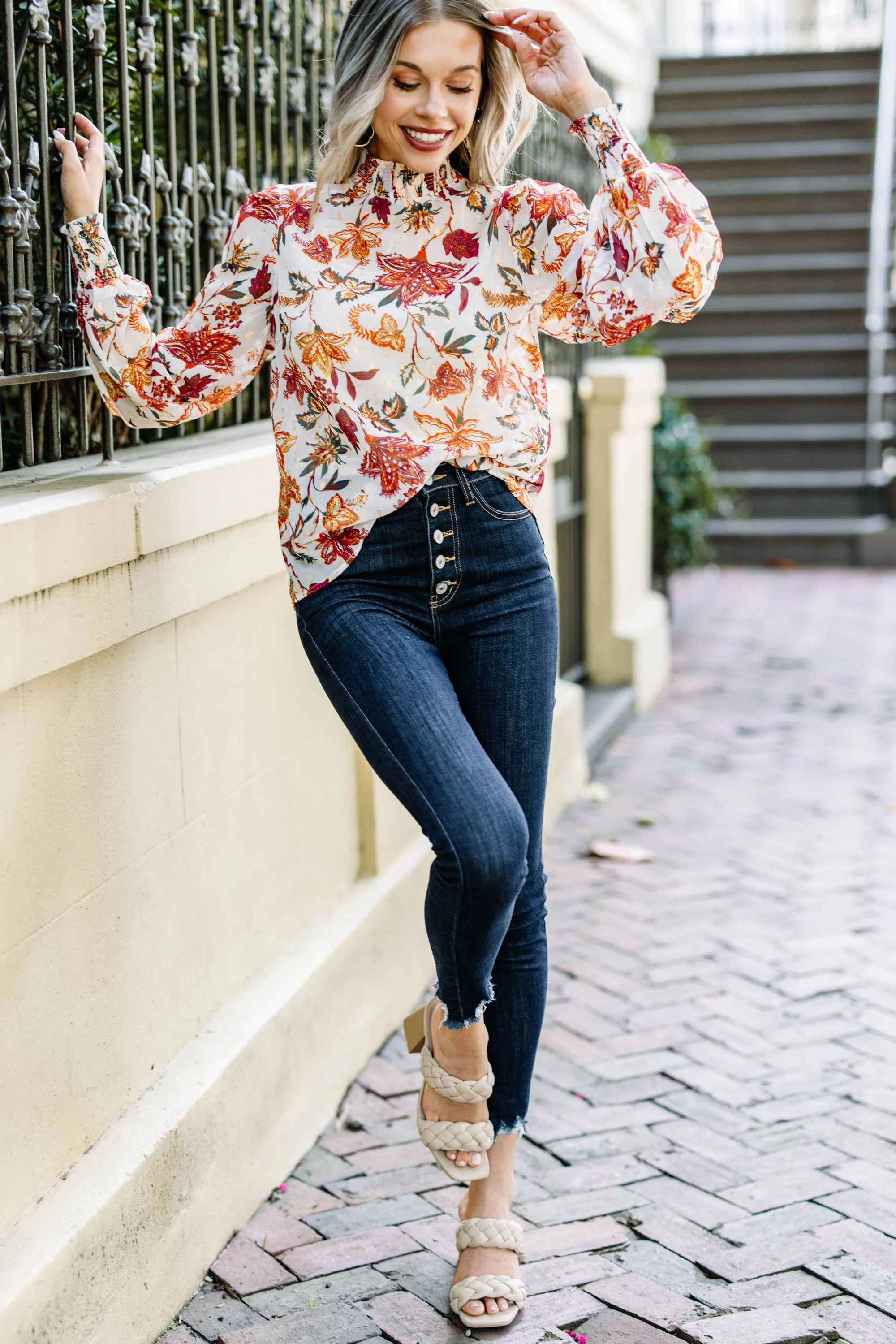 Right On Time Ivory White Floral Blouse