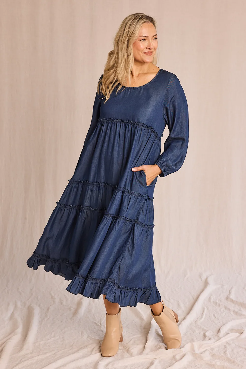 Sabre Frill Maxi Tencel Dress in Mid Wash