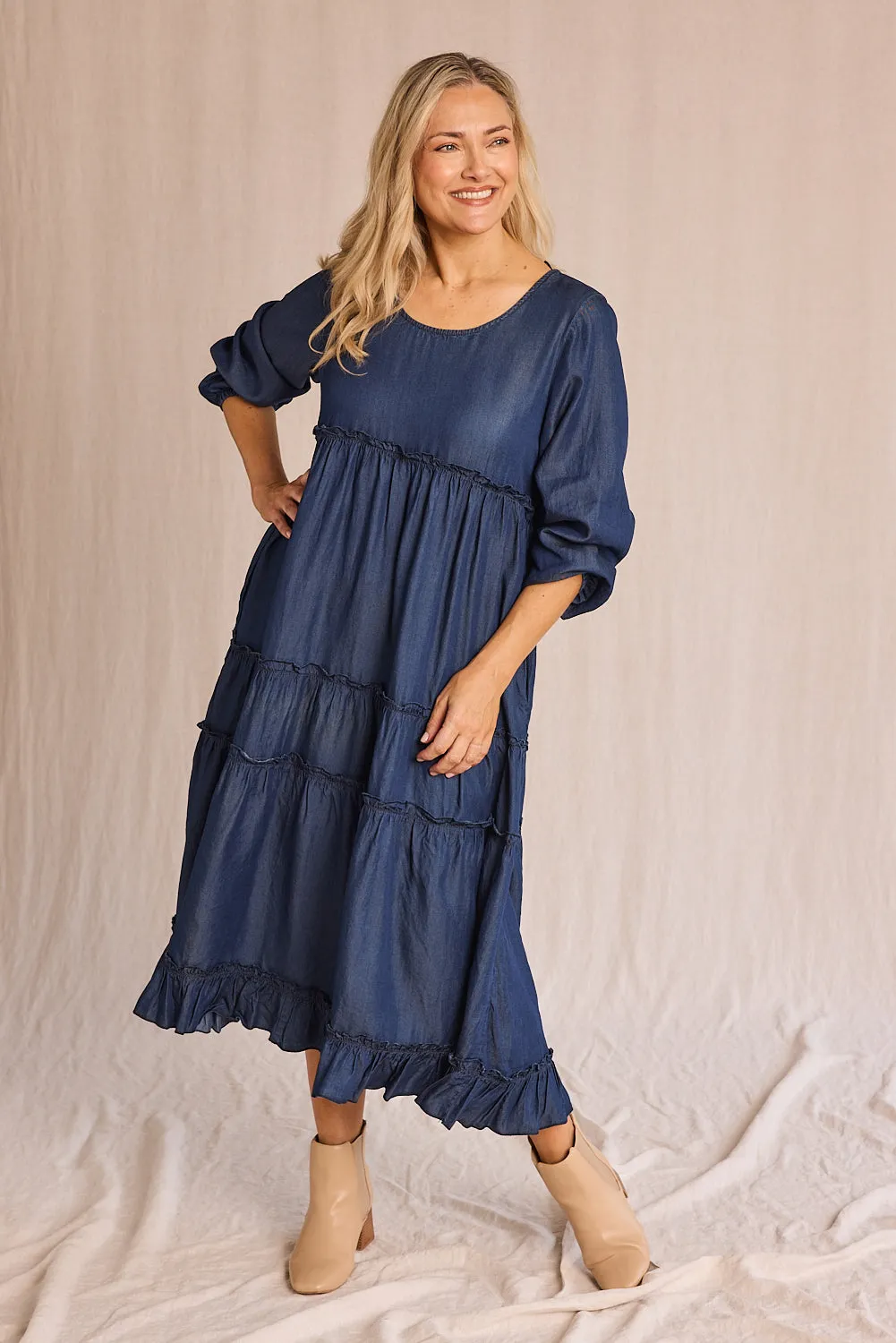 Sabre Frill Maxi Tencel Dress in Mid Wash